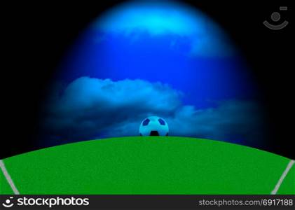 Soccer field with a ball under a blue sky . Soccer field with a ball under a blue sky with directional lighting