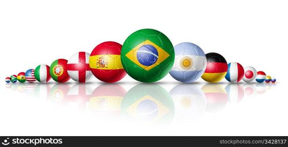 Soccer football balls group with teams flags / brazil soccer world cup 2014 symbol. isolated on white. Soccer football balls group with teams flags