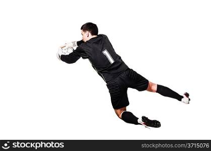 soccer goalkeeper is catching a ball, isolated on white background