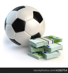 Soccer or football ball and packs of euro isolated on white. Sport bets concept. 3d illustration
