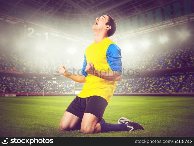 soccer or football player is celebrating goal on stadium, warm colors toned