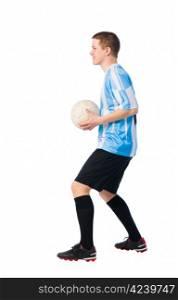Soccer player is ready to throwing a ball, white background.
