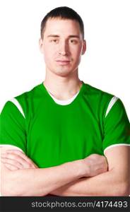 soccer player with folded hands, cut out from white