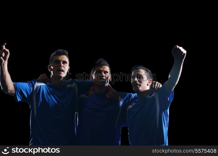 soccer players team group celebrating the victory and become champion of game while holding win coup