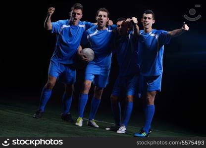 soccer players team group celebrating the victory and become champion of game while holding win coup