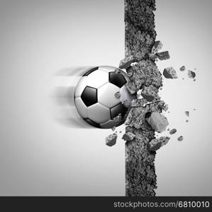 Soccer power and european football strength as a sport equipment ball breaking through and crushing a cement wall as a victory and strongest champion metaphor with 3D illustration elements.