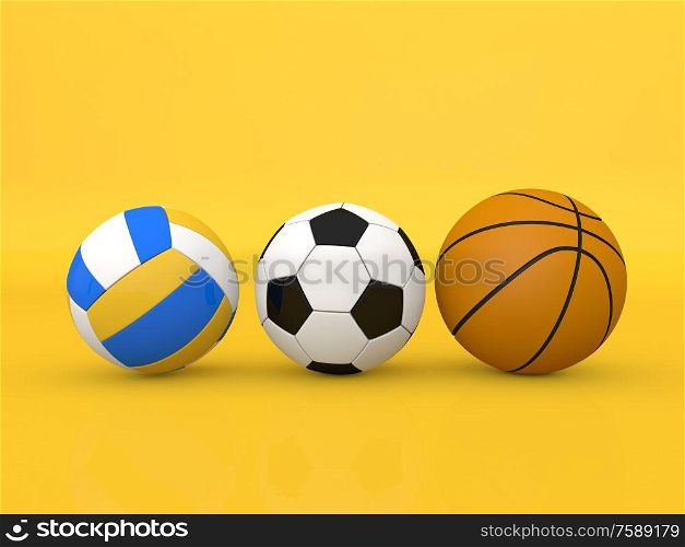 Soccer volleyball and basketballs on a yellow background. 3d render illustration.. Soccer volleyball and basketballs on a yellow background.