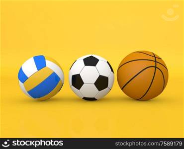 Soccer volleyball and basketballs on a yellow background. 3d render illustration.. Soccer volleyball and basketballs on a yellow background.