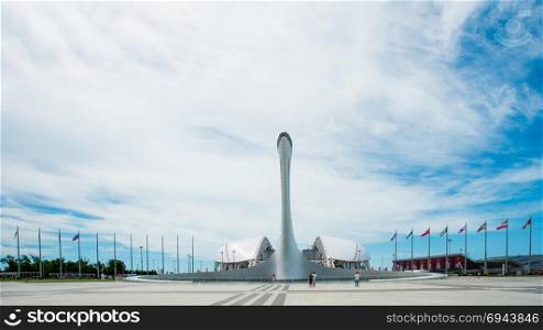 "SOCHI, RUSSIA - JUNE 18, 2017: Stadium "Fisht" in the Olympic Park.Football stadium decorated with symbols of the FIFA Confederations Cup"