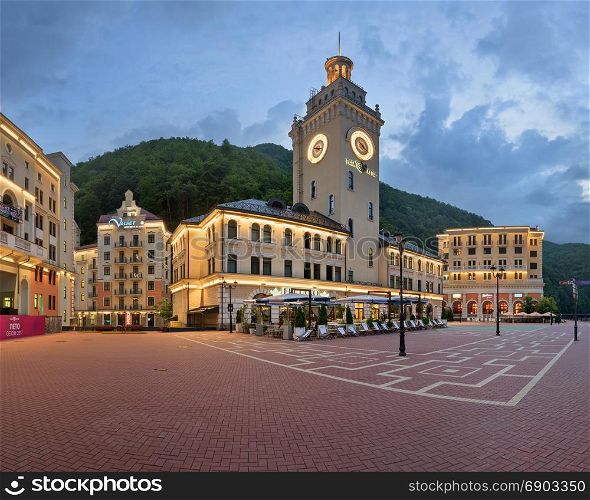 SOCHI, RUSSIA - JUNE 22, 2017: Panorama of Rosa Square in the Morning, Rosa Khutor, Sochi, Russia. Rosa Khutor constructed from 2003 to 2011 and hosted the alpine skiing events for the 2014 Winter Olympics.