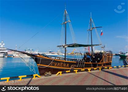 "Sochi, Russia - June 29, 2016: Sailship "Gulena" at berth Sochi seaport"