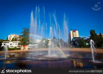 Sochi, Russia - June 29, 2016: Sochi, Russia - water fountain. View from street Navaginskaya