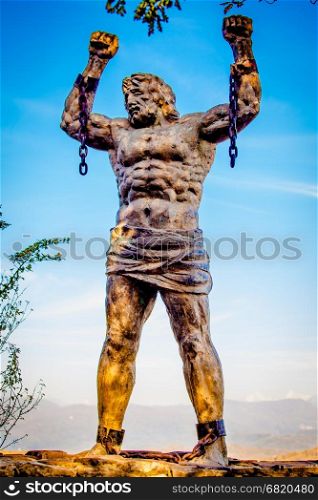 SOCHI, RUSSIA - OCTOBER 22, 2016: Statue of Unbound Prometheus with Broken Chain on the Eagle Rocks in the Caucasus