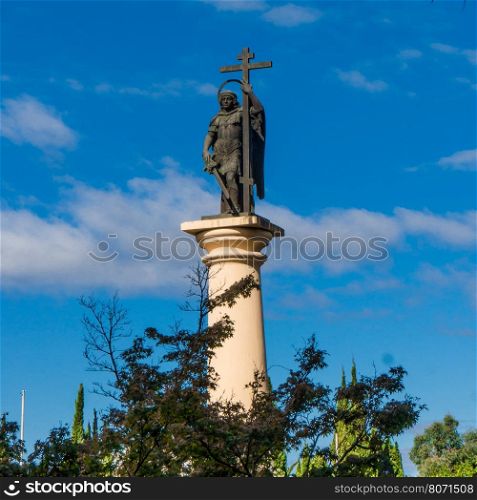 Sochi, Russia - September 29, 2016: Monumental column with a statue of the Archangel Michael