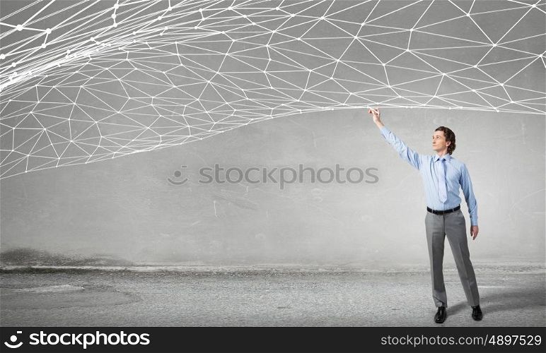 Social connection and interaction. Businessman touching with finger digital connection lines as symbol of connectivity