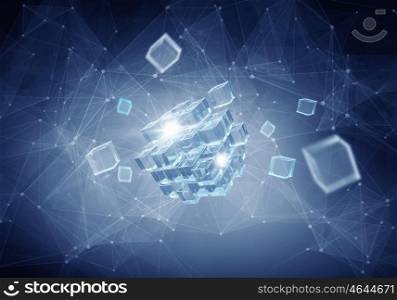 Social connection concept. Abstract blue media background of communication concept with 3D cube illustration