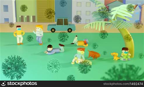 Social distancing, new normal life of people,relax in park in city, wear mask for preventing from corona virus. 3D illustration.