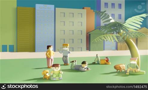 Social distancing, new normal life of people,relax in park in city, wear mask for preventing from corona virus. 3D illustration.