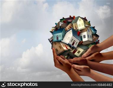 Social housing concept and supportive home ownership symbol as a group of diverse hands holding many family homes as a metaphor for supporting neighborhood togetherness.