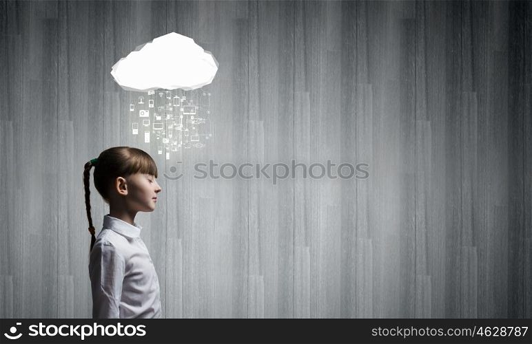Social interaction. Side view of cute girl and media cloud above