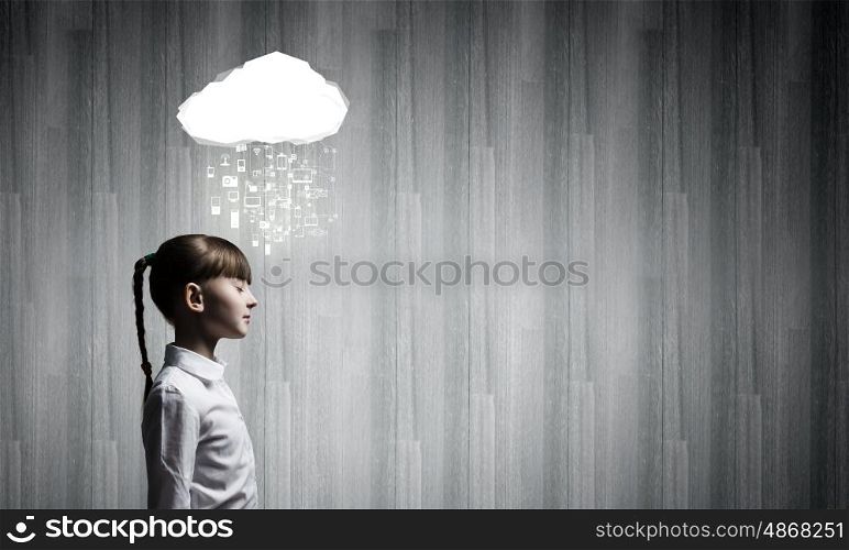 Social interaction. Side view of cute girl and media cloud above