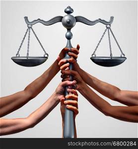 Social justice concept or class action lawsuit as a group of diverse ethnic people hands holding a court law scale as a metaphor for global equity and equality in society with 3D illustration elements.