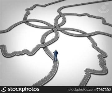 Social management and career manager business concept as a person standing on a group of connected roads that are shaped as a human face as a symbol of public relations and managing people.