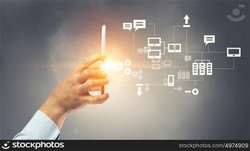 Social media and cloud computing. Smartphone in hand and cloud computing user interface