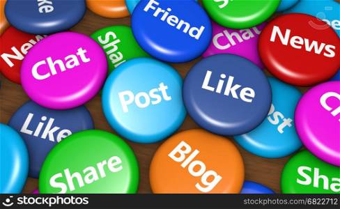 Social media and network background concept with signs on colorful badges 3D illustration.