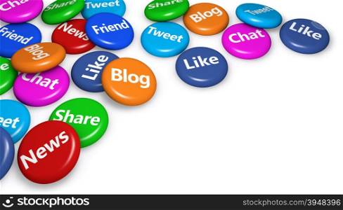 Social media and network sign and word on colorful badges concept for web, blog and online business 3d illustration on white background with copyspace.