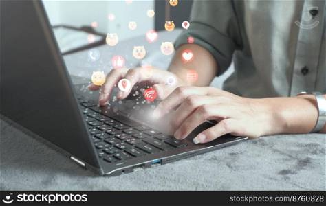 Social media and online digital concepts Coming out as a hologram icon   Concept holiday living and social media social distancing, working from home.