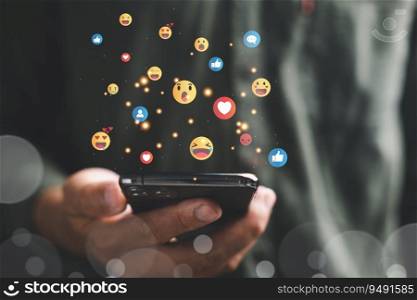 Social media communication and web connection. man holding smartphone with digital banner and application icon. Social Distancing and Working From Home
