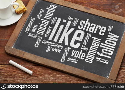 social media concept - like, share, follow word cloud on a vintage blackboard with a cup of coffee