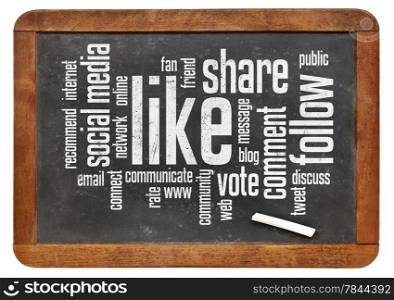 social media concept - like, share, follow word cloud on a vintage blackboard