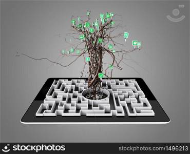 Social media icons set in tree shape on Maze in the tablet., concept