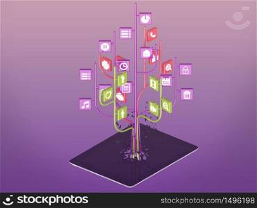 Social media icons set in tree shape on Modern black tablet pc