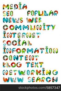 Social media in the internet - words, tags. Flowing wave design of letters
