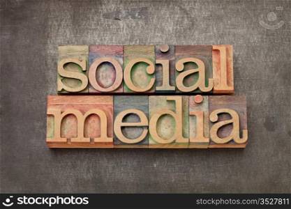 social media - internet networking concept - text in vintage letterpress wood type against grunge metal surface