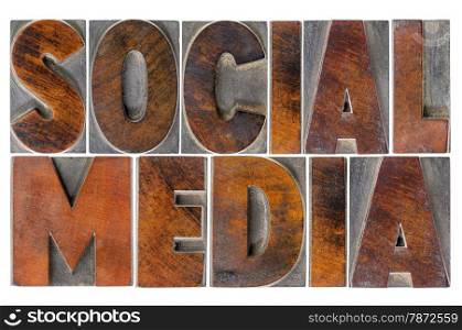 social media - isolated text in antique wood letterpress printing blocks with ink patina