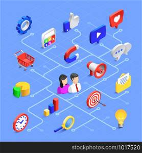 Social media isometric icons. Digital marketing communication, multimedia content or creative information sharing. Network shopping cart, market search website vector 3d icon set. Social media isometric icons. Digital marketing communication, multimedia content or information sharing. Vector 3d icon set