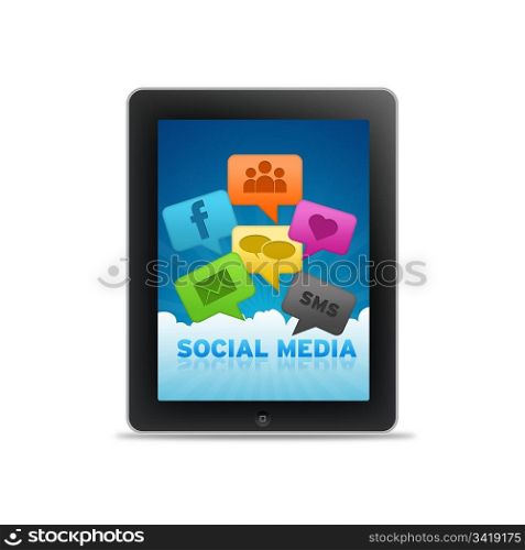 Social Media Tablet PC with Speech Bubbles on white background.