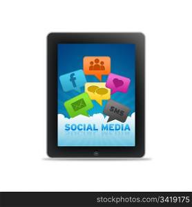 Social Media Tablet PC with Speech Bubbles on white background.