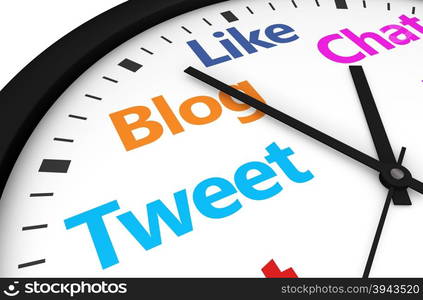 Social media time management and web strategy concept with a clock and social network word and sign printed in multiple colors 3d render image.