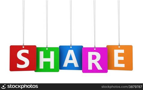 Social media, web and social network concept with share word and sign on colourful tags isolated on white background.