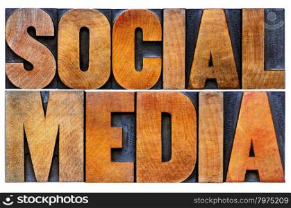 social media word abstract - isolated text in antique wood letterpress printing blocks with ink patina