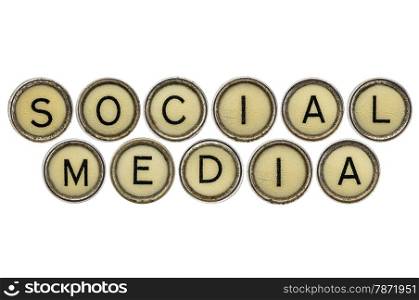social media words in old round typewriter keys isolated on white