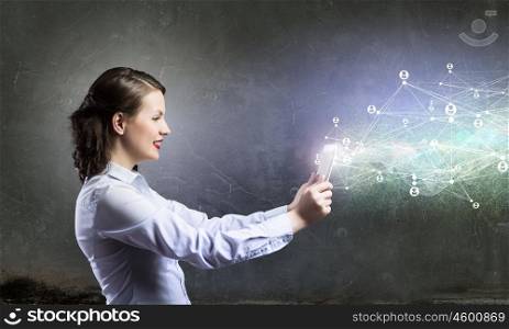 Social network and connection concept. Young beautiful woman using tablet as symbol of modern technology