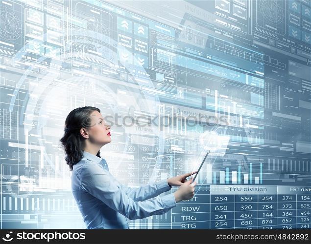 Social network and connection concept. Young beautiful woman using tablet as symbol of modern technology