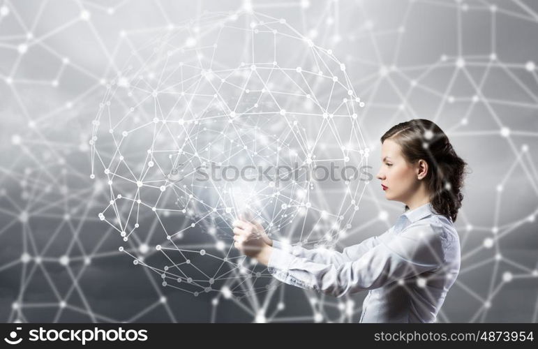 Social network and connection concept. Young beautiful woman using tablet as symbol of modern technology