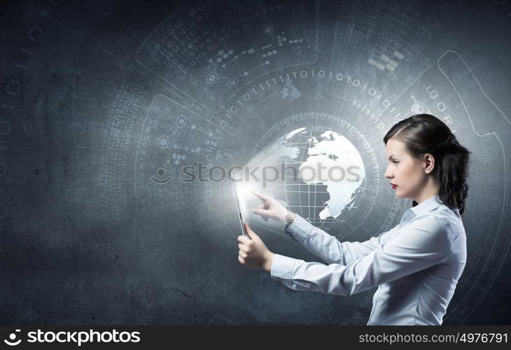 Social network and connection concept. Young beautiful woman using tablet as symbol of modern technology